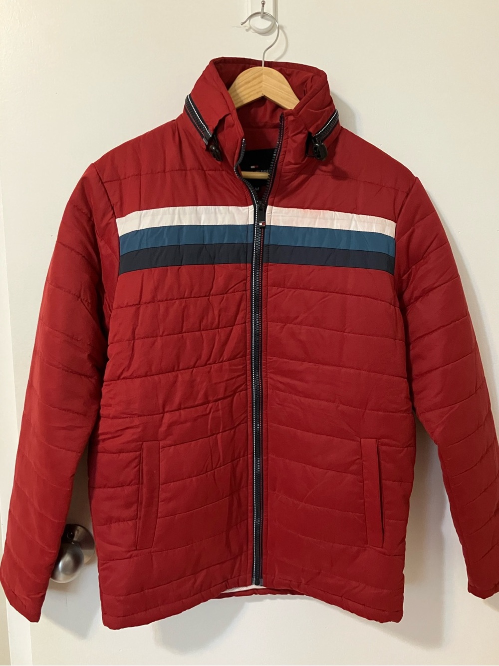 Vintage Tommy Hilfiger 85 Red Quilted Zip-Up Jacket with Stripe Detail